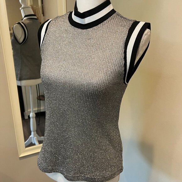 NWT BB Dakota Metallic Silver Knit Mock Neck Sleeveless Top, Size Small - Picture 6 of 15